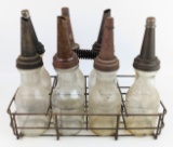 (7) Vintage Glass One Quart Oil Bottles w/ Spouts & Carrier