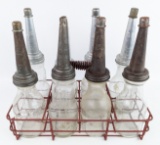 (8) Glass Quart Oil Bottles w/ Gargoyle Mobiloil Embossed Spouts & Carrier
