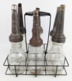 (6) Glass Quart Oil Bottles w/ Gargoyle Mobiloil ÒAÓ Embossed Spouts & Carrier