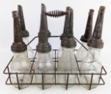 (8) Glass Quart Oil Bottles w/ Gargoyle Mobiloil Embossed Spouts & Carrier