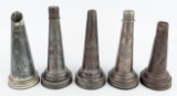 (5) Early Gargoyle Mobiloil Glass Quart Oil Bottle Embossed Tin Spouts