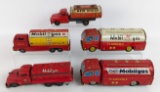 (5) Vintage Mobil Service Station Tin Litho Japan Friction Toy Tanker Trucks