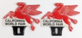 2) Mobil California World Fair Embossed Metal Pegasus License Plate Toppers