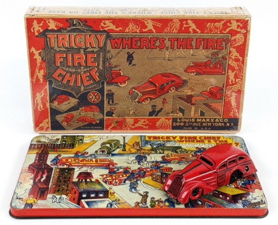 Marx Tin Windup Tricky Fire Chief Car w/ Platform In Box