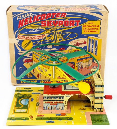 Marx Tin Mechanical Flying Helicopter Skyport w/ Box
