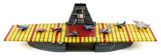Large Tin Aircraft Carrier w/ Tin Friction Airplanes