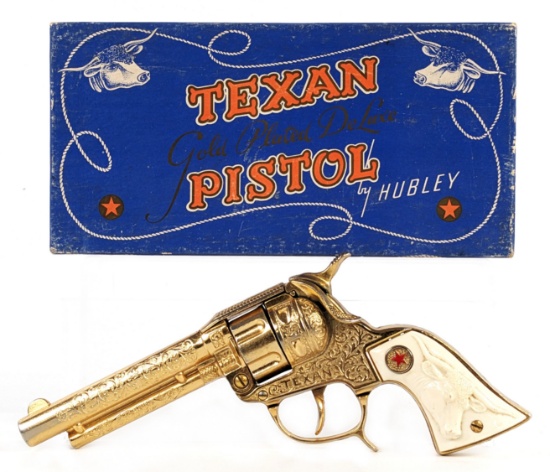 Hubley Texan Gold Plated Deluxe Pistol Cap Gun w/ Box