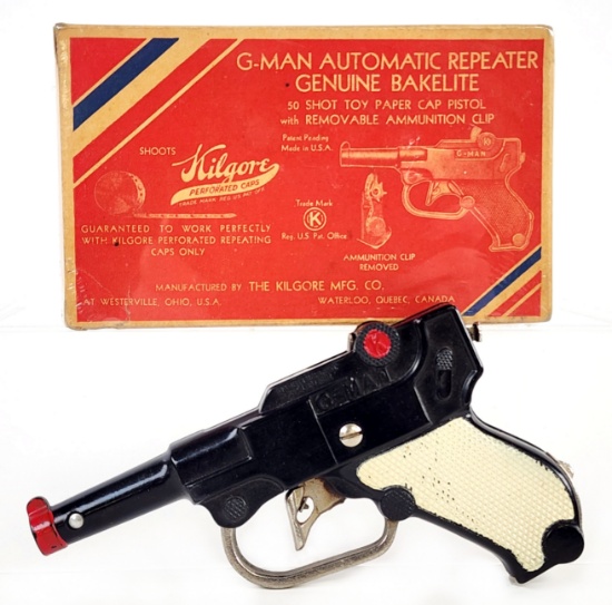 Kilgore G-Man Bakelite Cap Gun Pistol w/ White Grips In Box