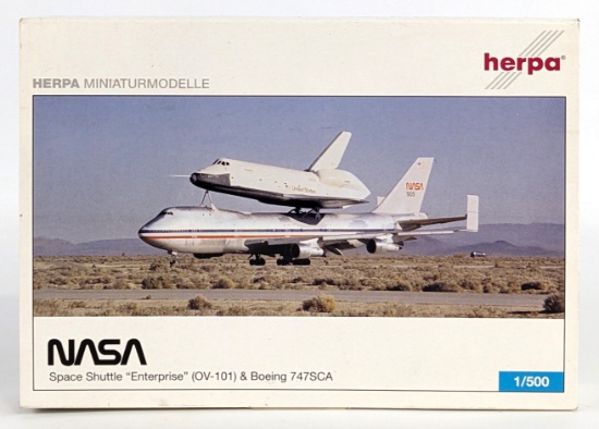 1/500 Scale Herpa NASA Space Shuttle "Enterprise" (OV-101) & Boeing 747SCA Model Replicas - NIB