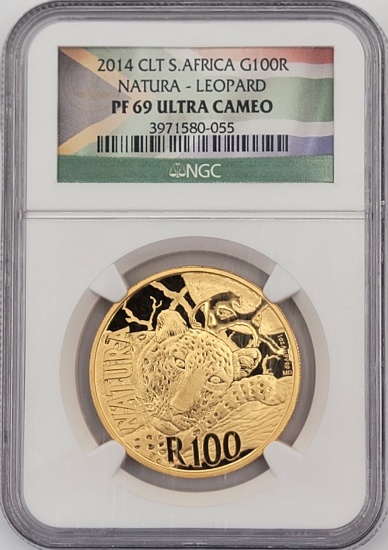 2014 CLT South Africa 100 Rand 1 Ounce .9999 Gold Natura Leopard Proof Coin NGC PF 69 Ultra Cameo