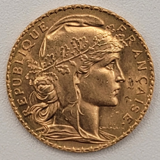 1913 France 20 Francs Rooster Gold Coin