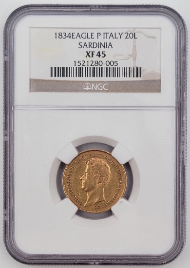 1834 Eagle P Italian States Sardinia 20 Lire Gold Coin NGC XF-45