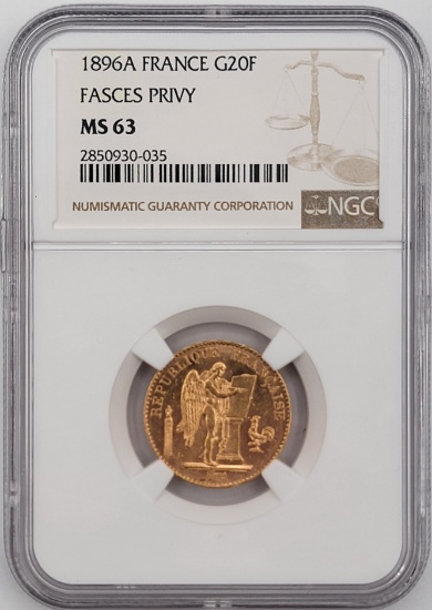 1896 A 20 Francs Fasces Privy Gold Coin NGC MS-63