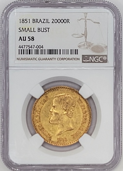 1851 Brazil 20000 Reis Small Head Gold Coin NGC AU-58