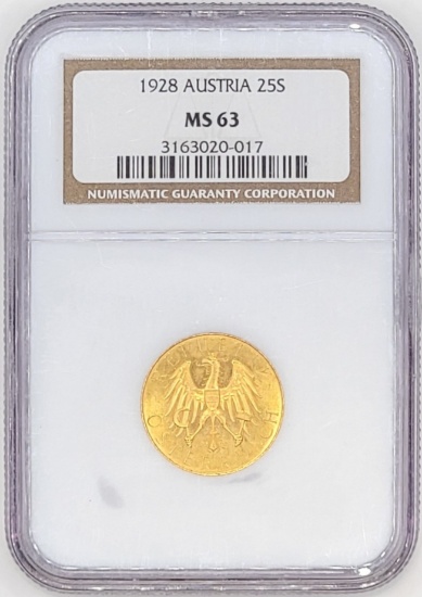 1928 Austria 25 Schilling Gold Coin NGC MS-63