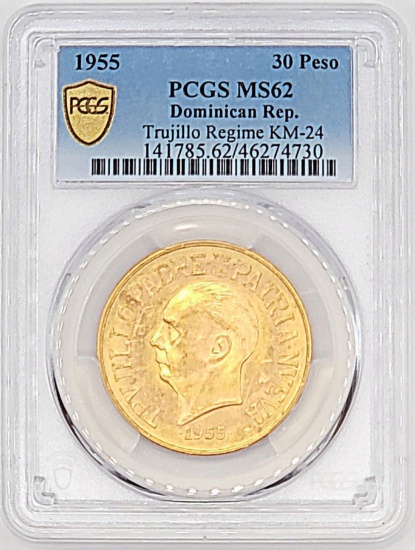 1955 Dominican Republic Trujillo Regime 30 Peso Gold Coin PCGS MS-62