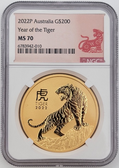 2022 Australia Year Of The Tiger $200 Two Ounce .9999 Fine Gold Coin NGC MS 70