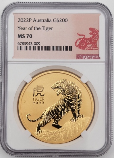 2022 P Australia Year Of The Tiger $200 Two Ounce .9999 Fine Gold Coin NGC MS 70