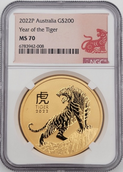 2022 P Australia Year Of The Tiger $200 Two Ounce .9999 Fine Gold Coin NGC MS 70