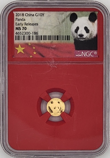 2018 China Panda 10 Yuan One Gram .999 Fine Gold Coin NGC MS 70 Early Releases