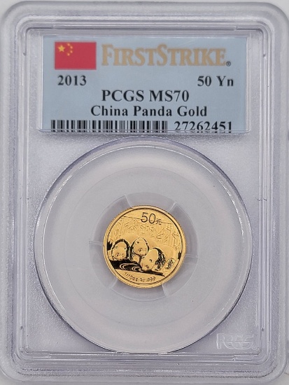 2013 China Panda 50 Yuan 1/10 Ounce .999 Fine Gold Coin PCGS MS 70 First Strike