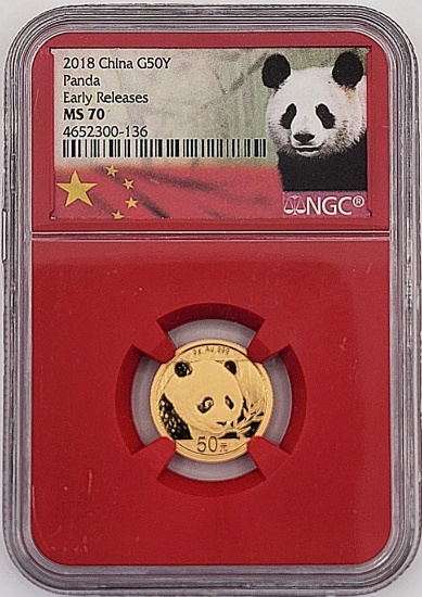2018 China Panda 50 Yuan 1/10 Ounce .999 Fine Gold Coin NGC MS 70 Early Releases