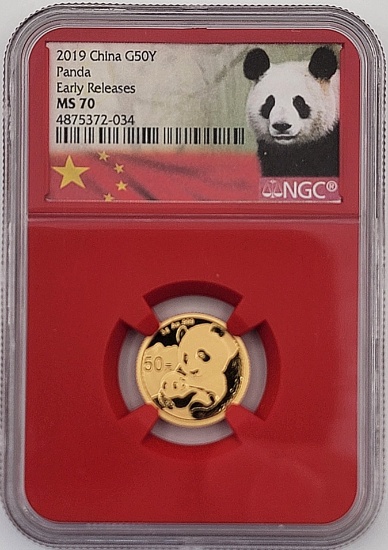 2019 China Panda 50 Yuan 1/10 Ounce .999 Fine Gold Coin NGC MS 70 Early Releases