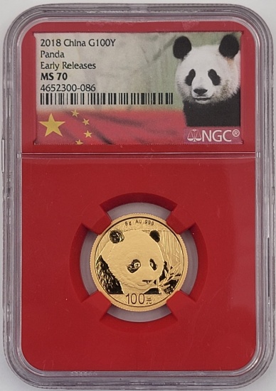 2018 China Panda 100 Yuan Eight Gram .999 Fine Gold Coin NGC MS 70 Early Releases
