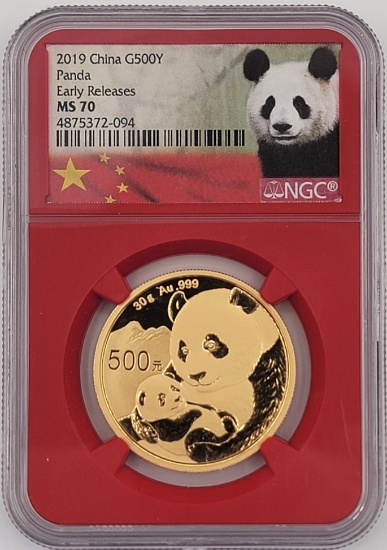 2019 China Panda 500 Yuan 30 Gram .999 Fine Gold Coin NGC MS 70 Early Releases