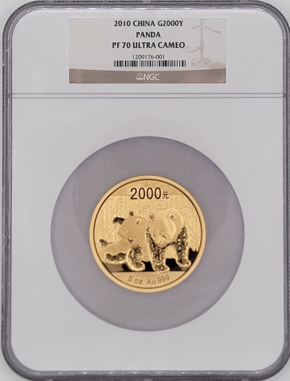2010 China Panda 2000 Yuan 5 Ounce .999 Fine Gold Proof Coin NGC PF 70 Ultra Cameo