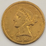 1844 United States Liberty Head Coronet Type No Motto Half Eagle $5.00 Gold Coin