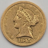 1845 United States Liberty Head Coronet Type No Motto Half Eagle $5.00 Gold Coin
