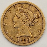 1846 United States Liberty Head Coronet Type No Motto Half Eagle $5.00 Gold Coin