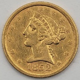 1852 United States Liberty Head Coronet Type No Motto Half Eagle $5.00 Gold Coin