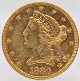 1880 United States Liberty Head Coronet Type Half Eagle $5.00 Gold Coin