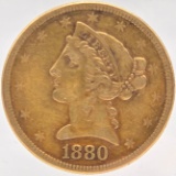 1880-S United States Liberty Head Coronet Type Half Eagle $5.00 Gold Coin