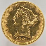 1881 United States Liberty Head Coronet Type Half Eagle $5.00 Gold Coin
