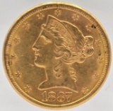 1887-S United States Liberty Head Coronet Type Half Eagle $5.00 Gold Coin