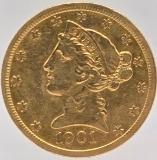 1901-S United States Liberty Head Coronet Type Half Eagle $5.00 Gold Coin