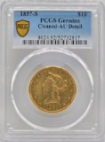 1857-S U.S. Liberty Head Coronet Type No Motto Eagle $10.00 Gold Coin PCGS Genuine Cleaned AU Detail