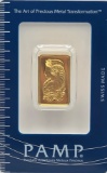 Swiss PAMP 10 Gram .9999 Fine Gold Bar In Original Packaging