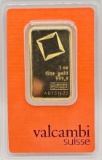 Swiss Valcambi One Troy Ounce .9999 Fine Gold Bar In Original Packaging