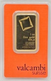 Swiss Valcambi One Troy Ounce .9999 Fine Gold Bar In Original Packaging