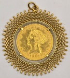 18K Yellow Gold Pendant With U.S. 1901 $10 Liberty Head Gold Piece
