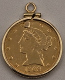 1902 United States $5 Liberty Head Gold Piece In A 14k Gold Bezel