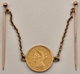 1852 United States $2.50 Quarter Eagle Liberty Head Gold Coin Double Stickpin