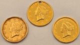 (3) 1849-1854 United States $1 Liberty Head Gold Coins Love Token-Modified-Damaged