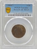 1808, 8 Over 7 United States Draped Bust Half Cent PCGS Scratch AU Detail