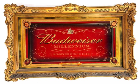 Large Vintage Framed Budweiser Millennium Mirror Bar Advertising Sign