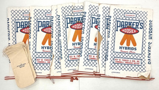 (15) Roy Parker & Sons Hybrid Seed Corn Canvas Bags with Paper Parker  Seed Bags
